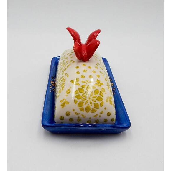 Butterfly Butter Dish Pier 1 One Imports Hand-Painted Stoneware Red Blue & Green - Picture 2 of 7